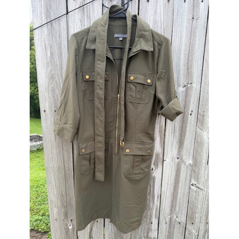 Military Utility Safari Sharagano Shirt Dress S Olive Green Cargo Gold Zip Belt
